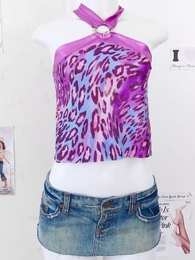 Leopard Print Satin Sparkly O ring detail tie up purple Halter rave party Top